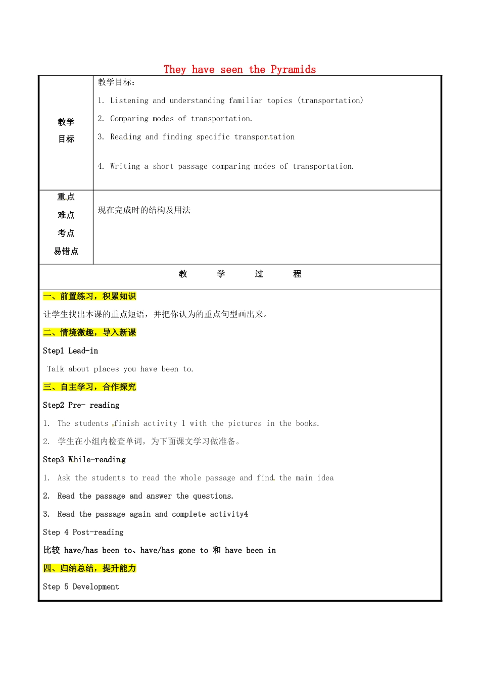 山东省聊城市高唐县八年级英语下册 Module 2 Experiences Unit 2 They have seen the Pyramids教案1 （新版）外研版-（新版）外研版初中八年级下册英语教案_第1页
