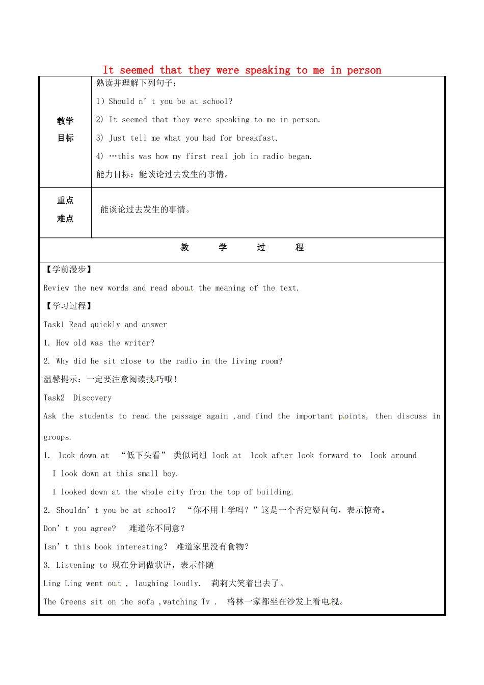 山东省聊城市高唐县八年级英语下册 Module 10 On the radio Unit 2 It seemed that they were speaking to me in person教案2 （新版）外研版-（新版）外研版初中八年级下册英语教案_第1页