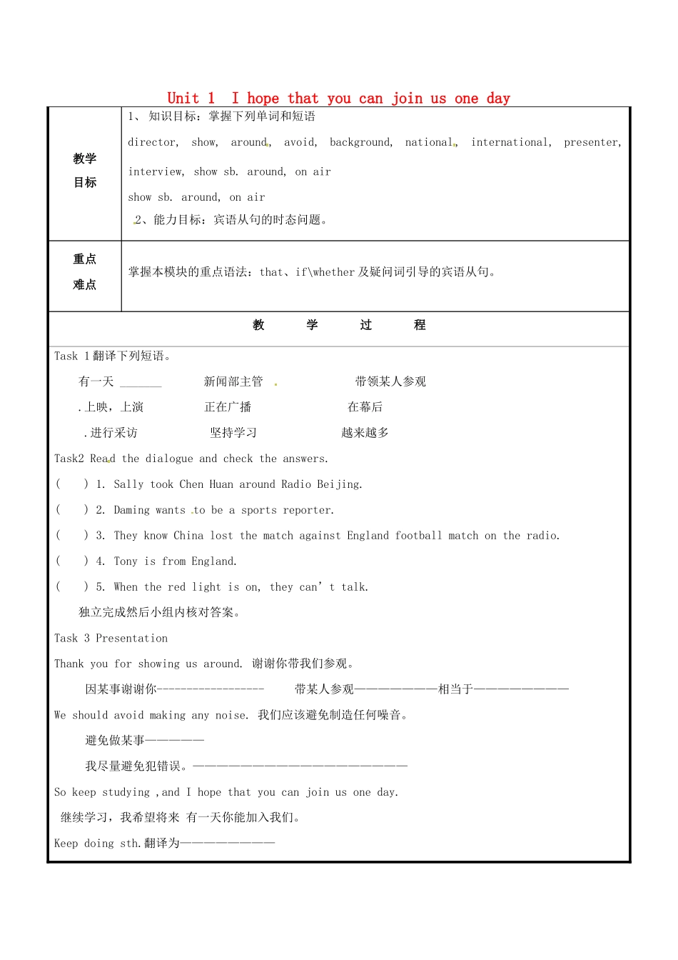 山东省聊城市高唐县八年级英语下册 Module 10 On the radio Unit 1 I hope that you can join us one day教案 （新版）外研版-（新版）外研版初中八年级下册英语教案_第1页