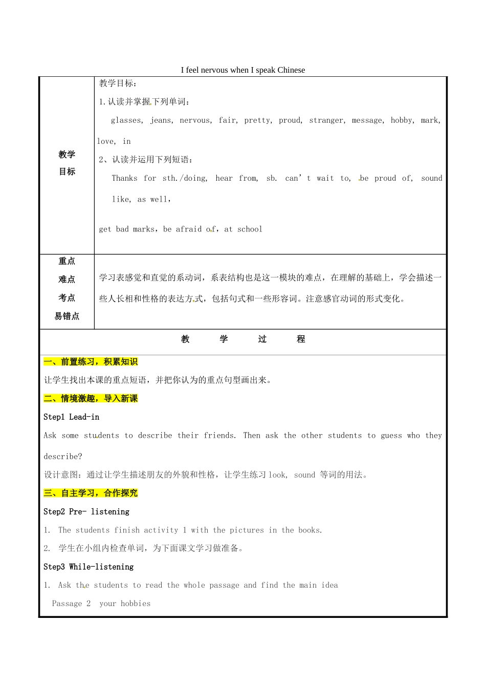 山东省聊城市高唐县八年级英语下册 Module 1 Feelings and impressions Unit 2 I feel nervous when I speak Chinese教案1 （新版）外研版-（新版）外研版初中八年级下册英语教案_第1页