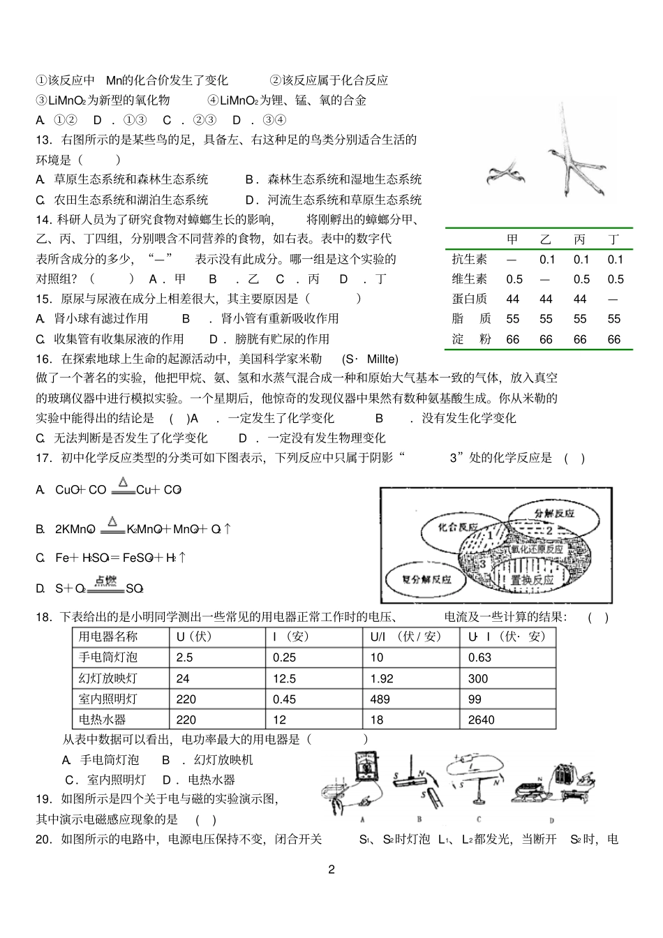 2013科学中考模拟测试题二_第2页