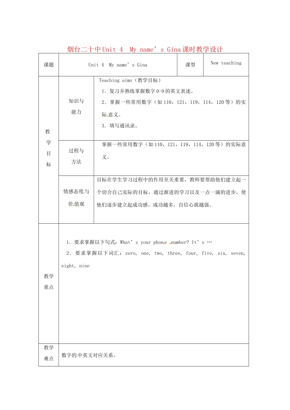 山东省烟台20中七年级英语 《Unit4 My name’s Gina》教学设计_第1页