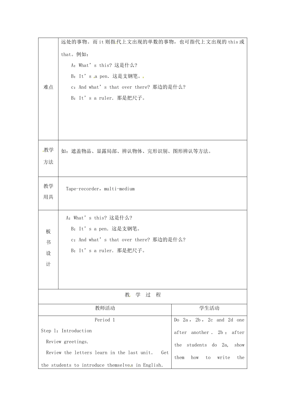 山东省烟台20中七年级英语 《Unit 2 What’s this in English？》教学设计(1)_第2页