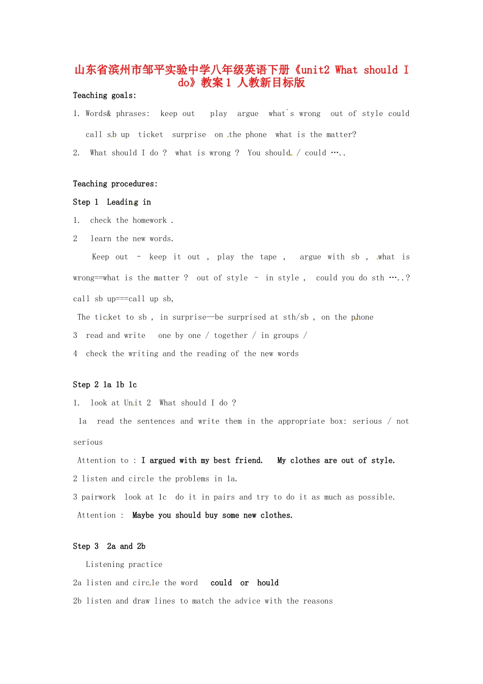 山东省滨州市邹平实验中学八年级英语下册《unit2 What should I do》教案1 人教新目标版_第1页