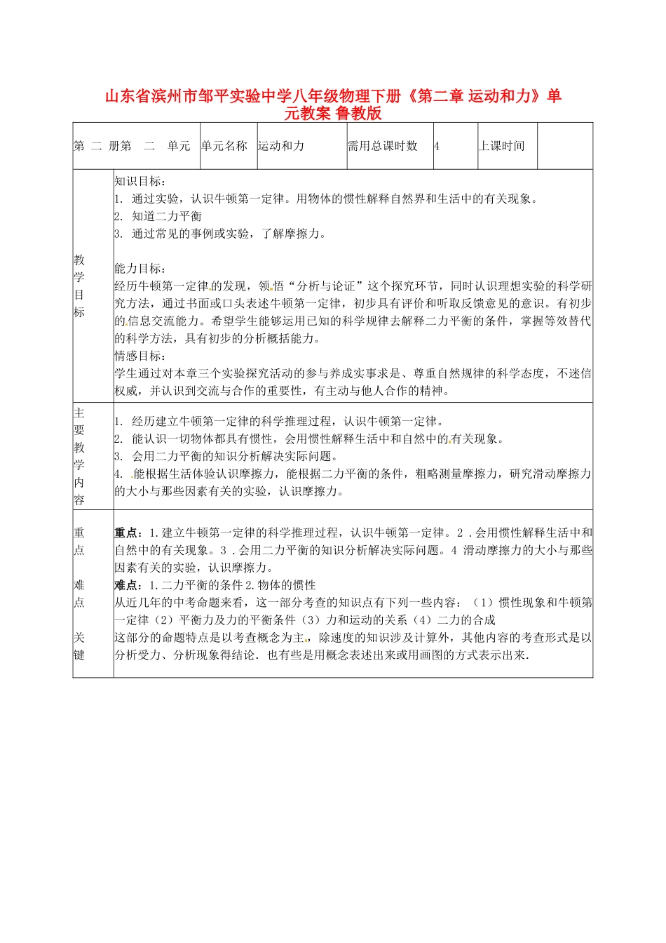 山东省滨州市邹平实验中学八年级物理下册《第二章 运动和力》单元教案 鲁教版_第1页