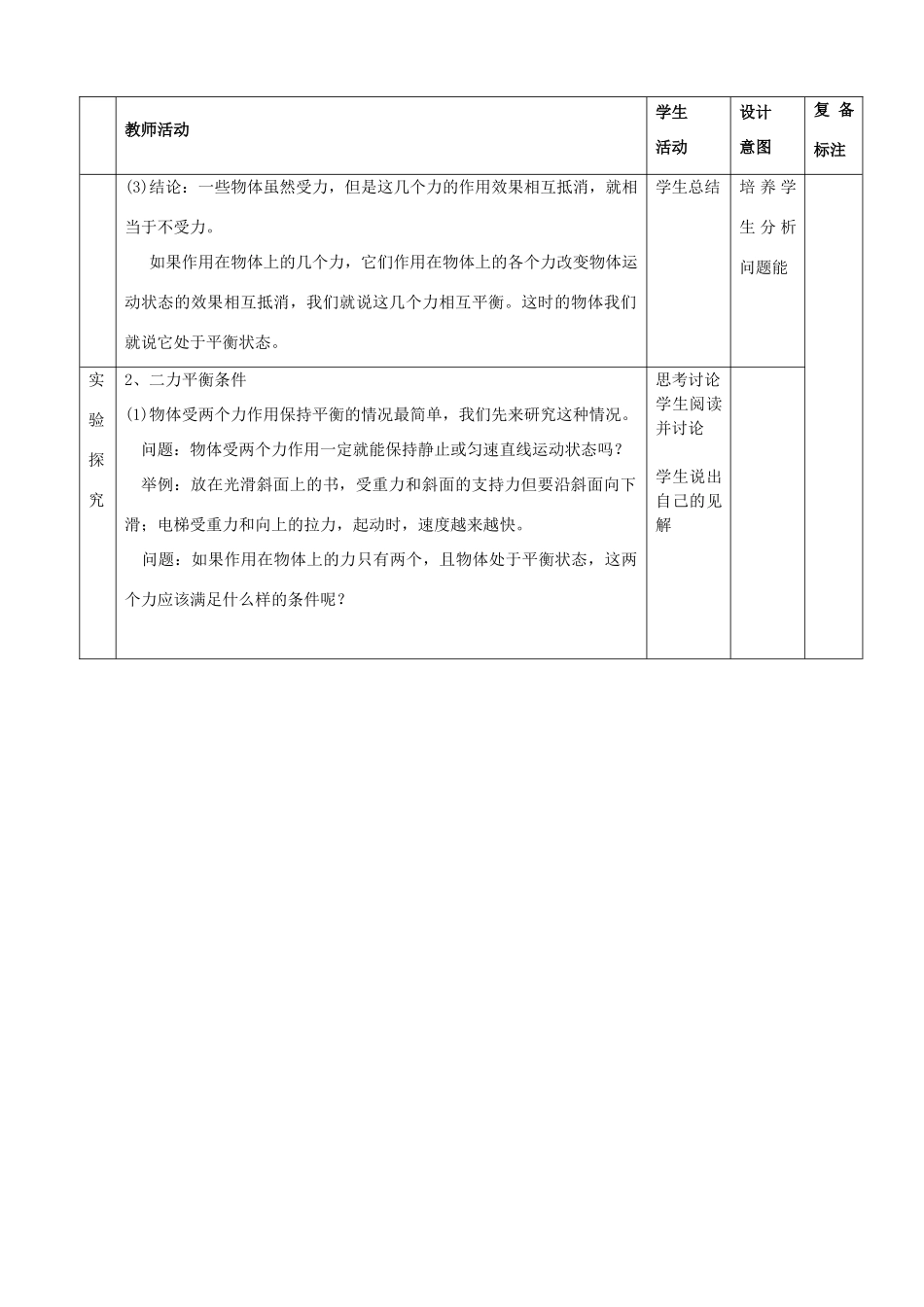 山东省滨州市邹平实验中学八年级物理下册《8.2 二力平衡》教案 鲁教版_第2页