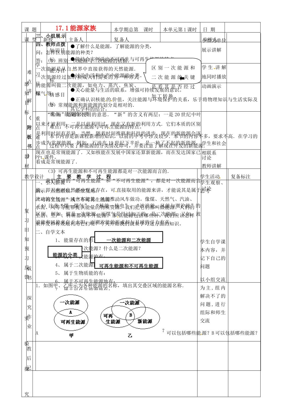 山东省滨州市邹平实验中学九年级物理全册《17.1能源家族》教案 新人教版_第1页