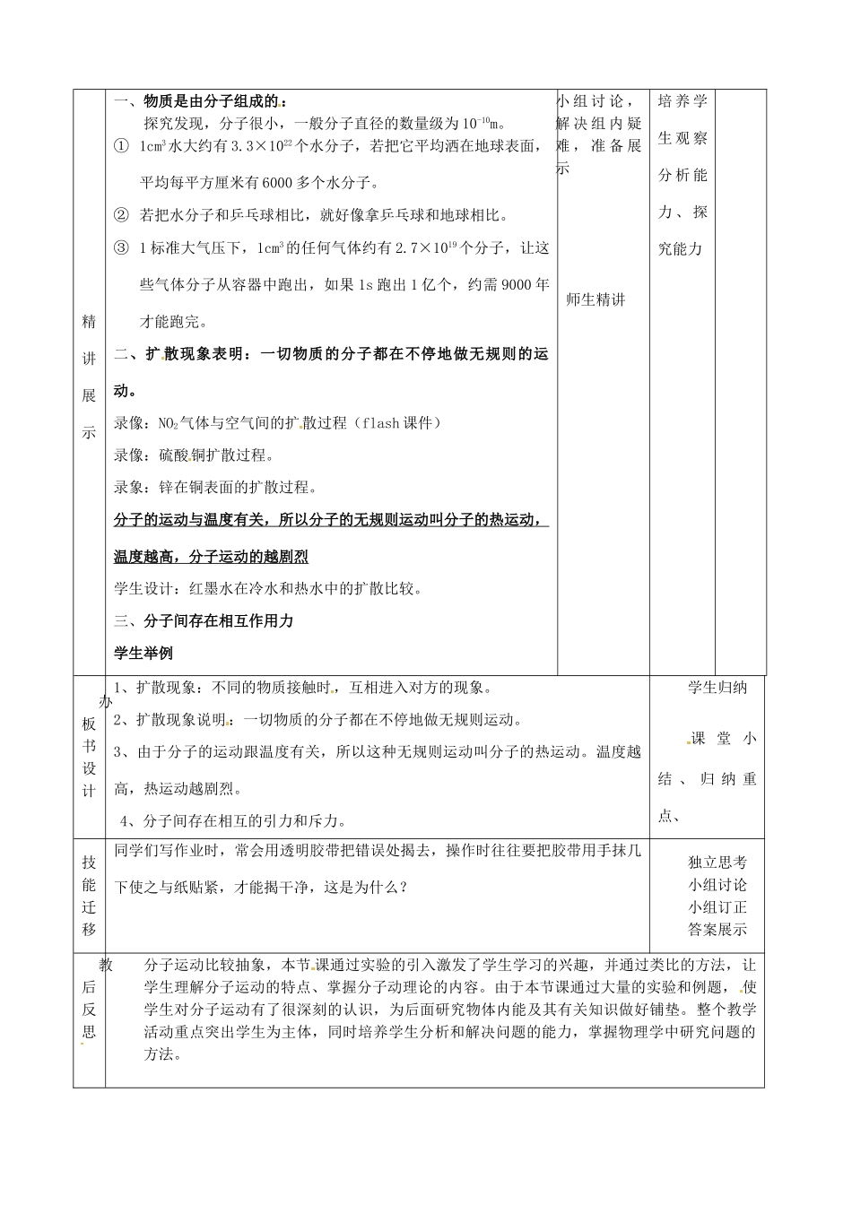 山东省滨州市邹平实验中学九年级物理下册《16.1 分子热运动》教案2 鲁教版_第3页