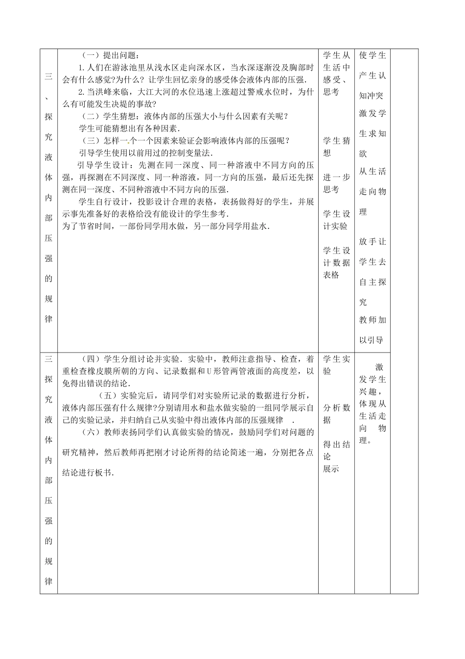山东省滨州市邹平实验中学九年级物理下册《14.2 液体的压强》教案1 鲁教版_第3页