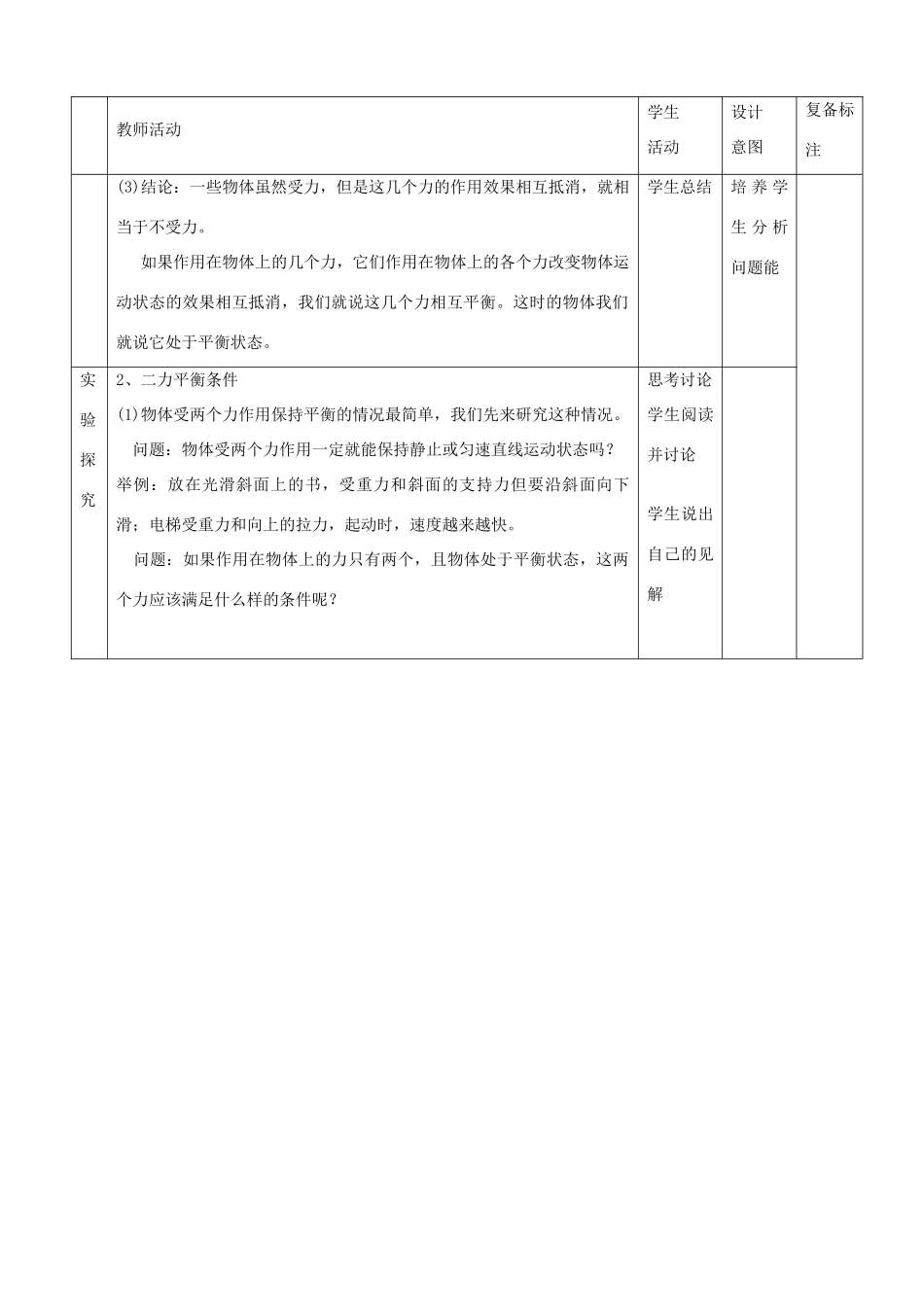 山东省滨州市邹平实验中学九年级物理《二力平衡》教案_第2页