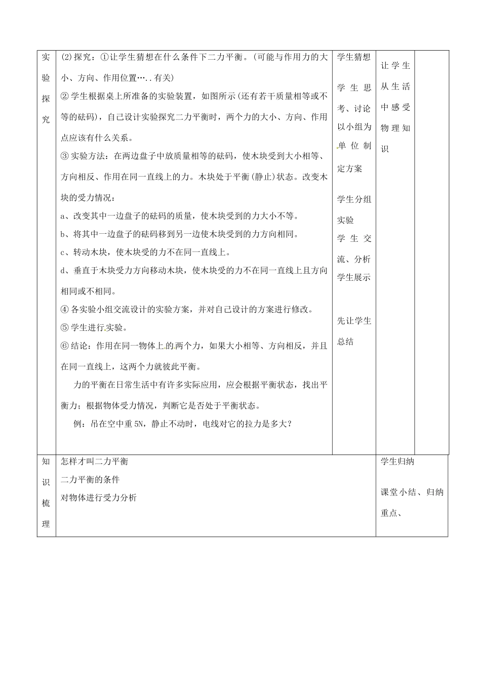 山东省滨州市邹平实验中学九年级物理《二力平衡》教案_第3页