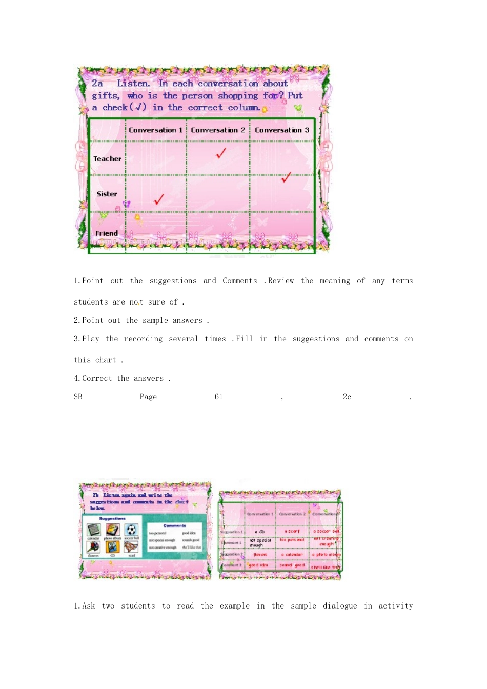 山东省滕州市大坞镇大坞中学八年级英语下册《Unit 8  Why don’t you get her a scarf（第二课时）Section A(1a-2c)》教案 人教新目标版_第3页