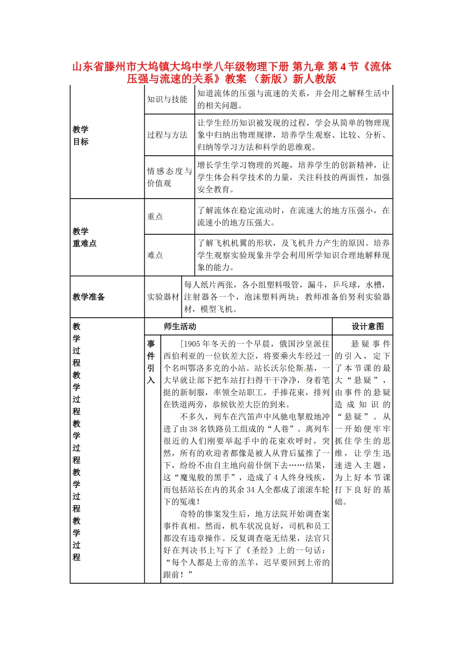 山东省滕州市大坞镇大坞中学八年级物理下册 第九章 第4节《流体压强与流速的关系》教案 （新版）新人教版_第1页