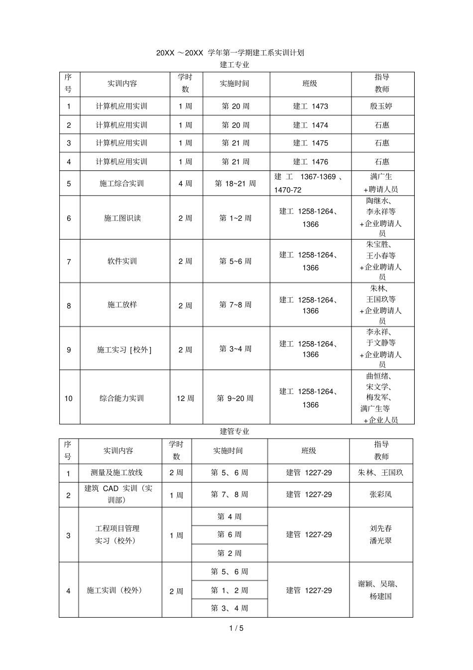 2014~2015学年第一学期建工系实训计划_第1页