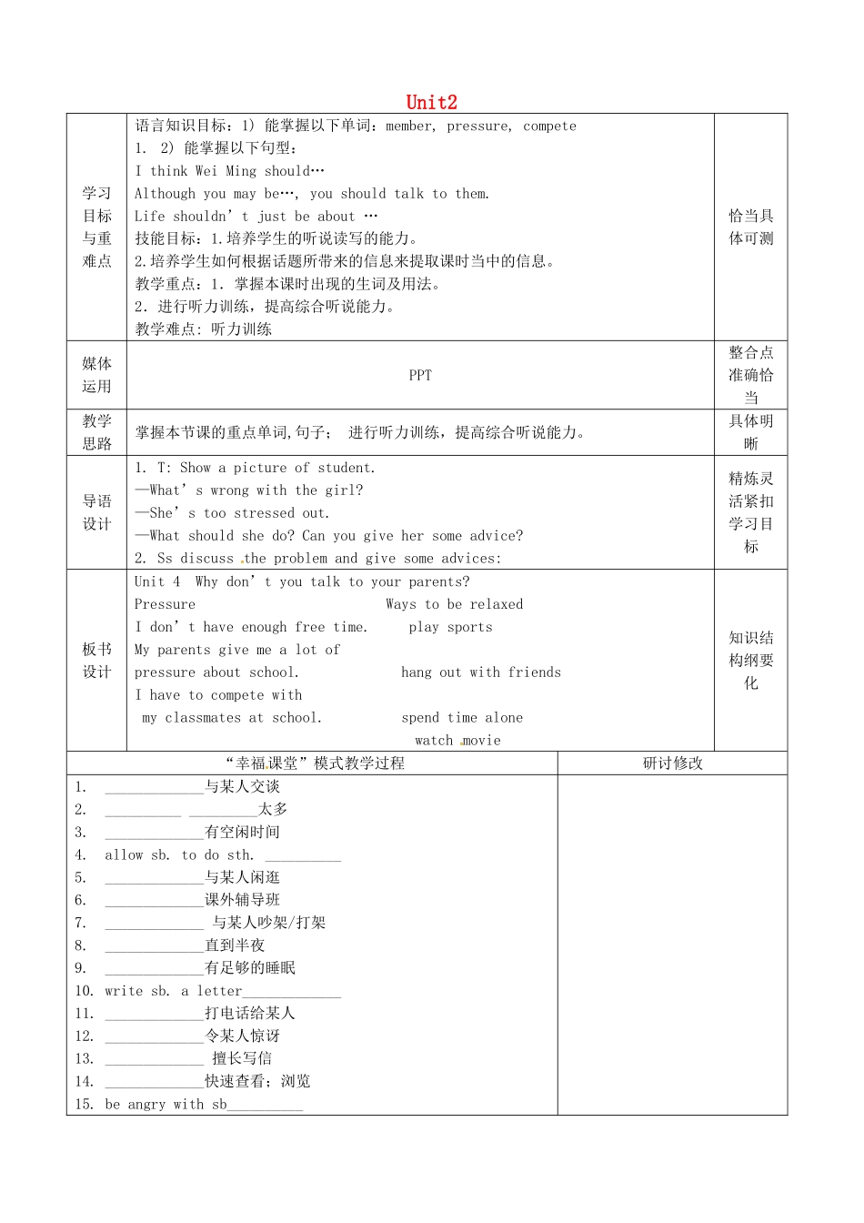 山东省淄博市沂源县鲁村镇八年级英语上册 Unit 2 Why don’t you talk to your parents知识点教案 鲁教版五四制-鲁教版五四制初中八年级上册英语教案_第1页