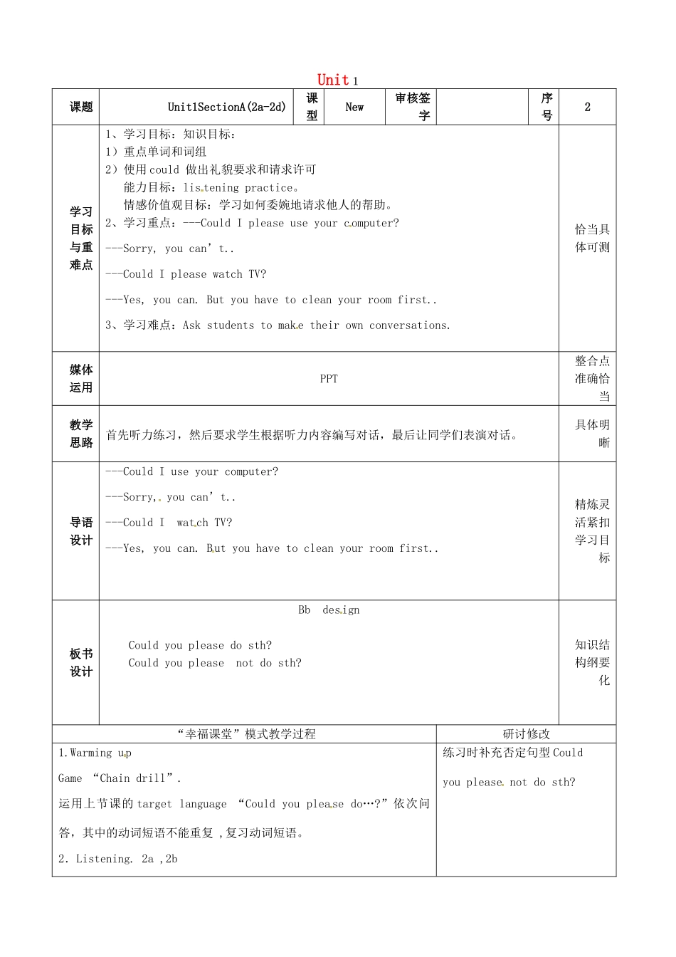 山东省淄博市沂源县鲁村镇八年级英语上册 Unit 1 Could you pleses clean your room Section A（2a-2d）教案 鲁教版五四制-鲁教版五四制初中八年级上册英语教案_第1页