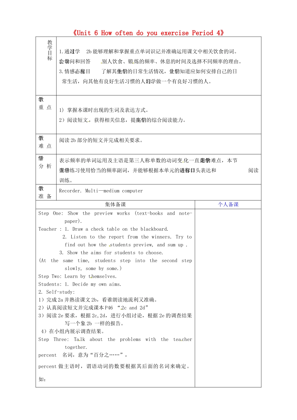 山东省淄博市临淄区第八中学七年级英语上册《Unit 6 How often do you exercise Period 4》教案 鲁教版五四制_第1页