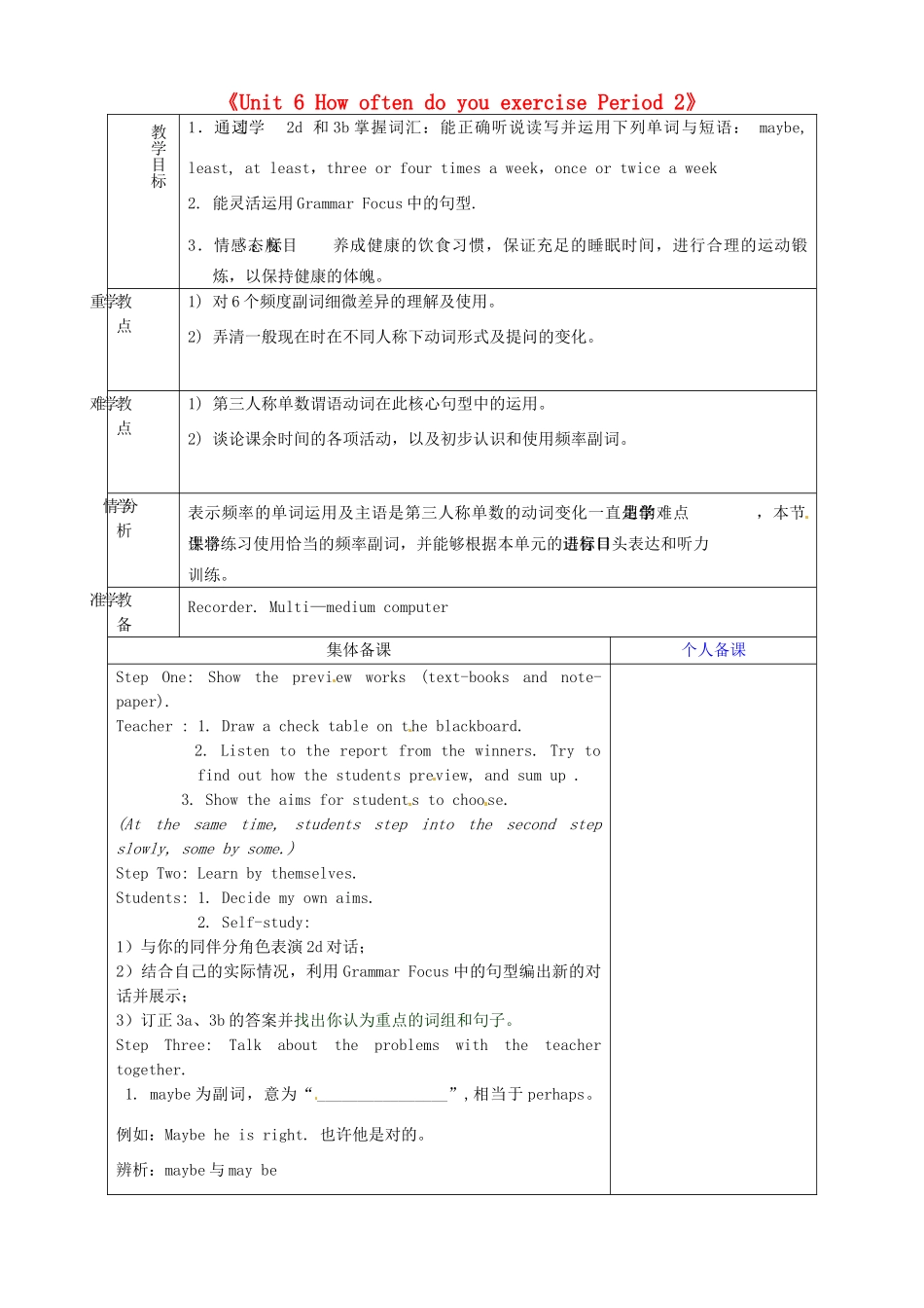 山东省淄博市临淄区第八中学七年级英语上册《Unit 6 How often do you exercise Period 2》教案 鲁教版五四制_第1页