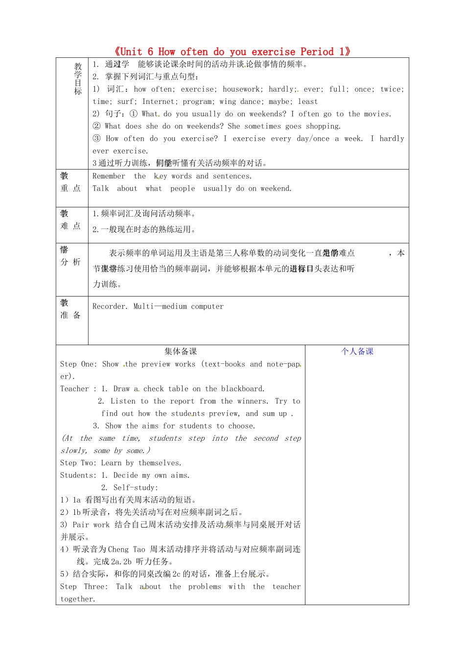 山东省淄博市临淄区第八中学七年级英语上册《Unit 6 How often do you exercise Period 1》教案 鲁教版五四制_第1页