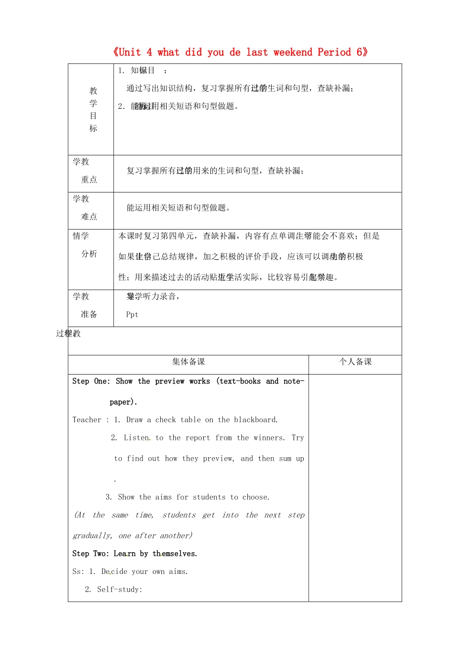 山东省淄博市临淄区第八中学七年级英语上册《Unit 4 what did you de last weekend Period 6》教案 鲁教版五四制_第1页