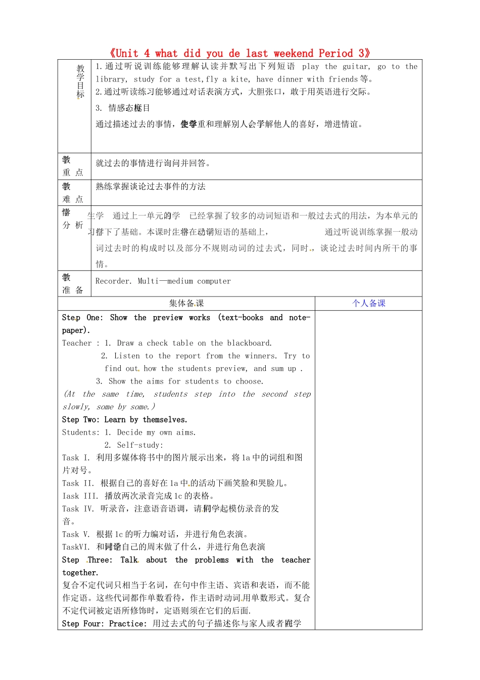 山东省淄博市临淄区第八中学七年级英语上册《Unit 4 what did you de last weekend Period 3》教案 鲁教版五四制_第1页