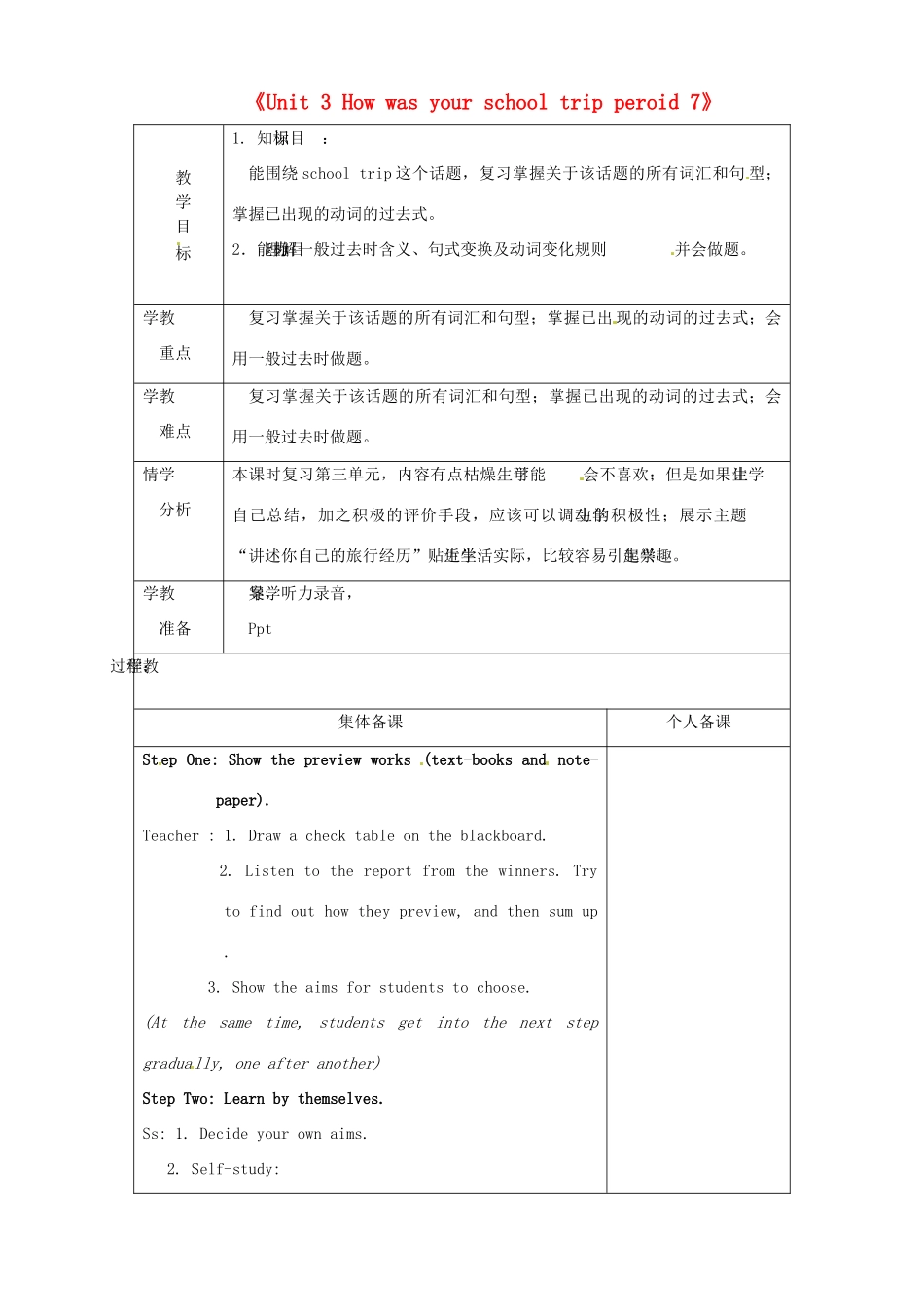 山东省淄博市临淄区第八中学七年级英语上册《Unit 3 How was your school trip period 7》教案 鲁教版五四制_第1页