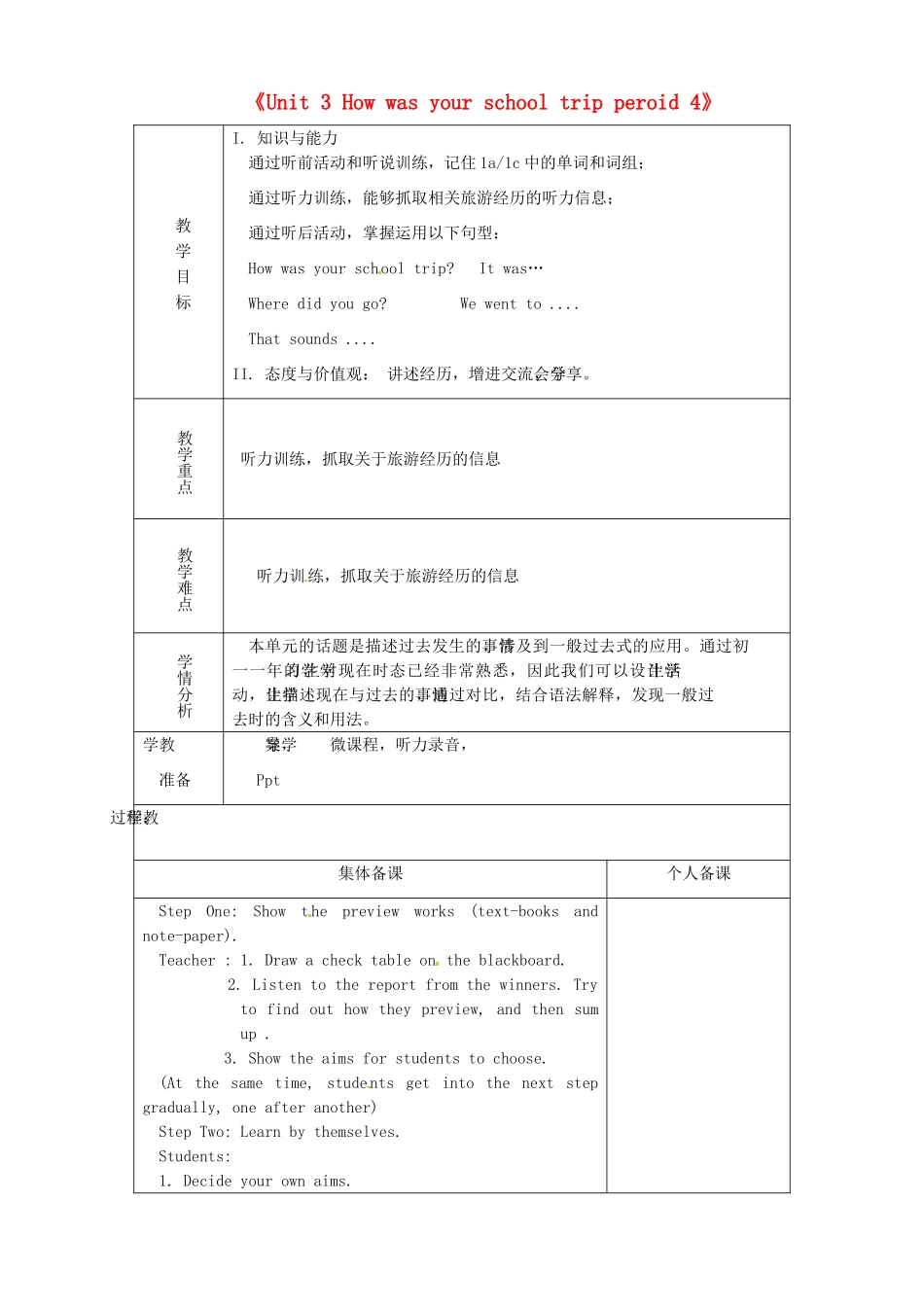 山东省淄博市临淄区第八中学七年级英语上册《Unit 3 How was your school trip period 4》教案 鲁教版五四制_第1页