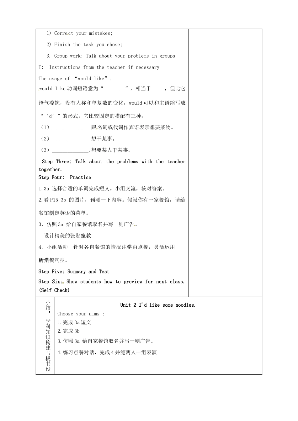 山东省淄博市临淄区第八中学七年级英语上册《Unit 2 I'd like some noodles period 6》教案 鲁教版五四制_第2页
