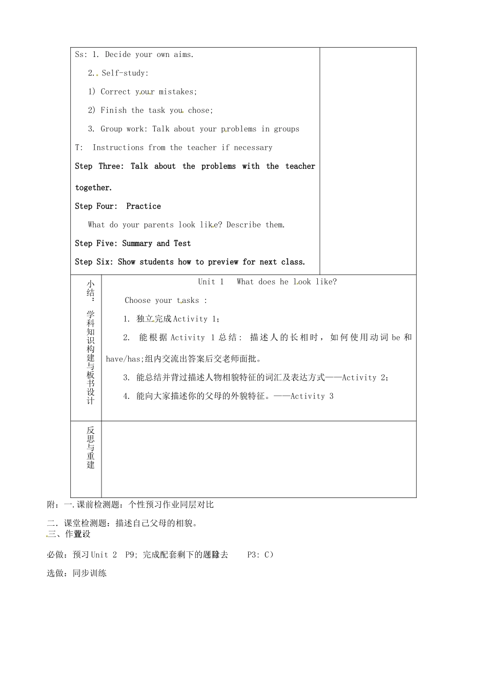 山东省淄博市临淄区第八中学七年级英语上册《Unit 1 What does he look like period 7》教案 鲁教版五四制_第2页