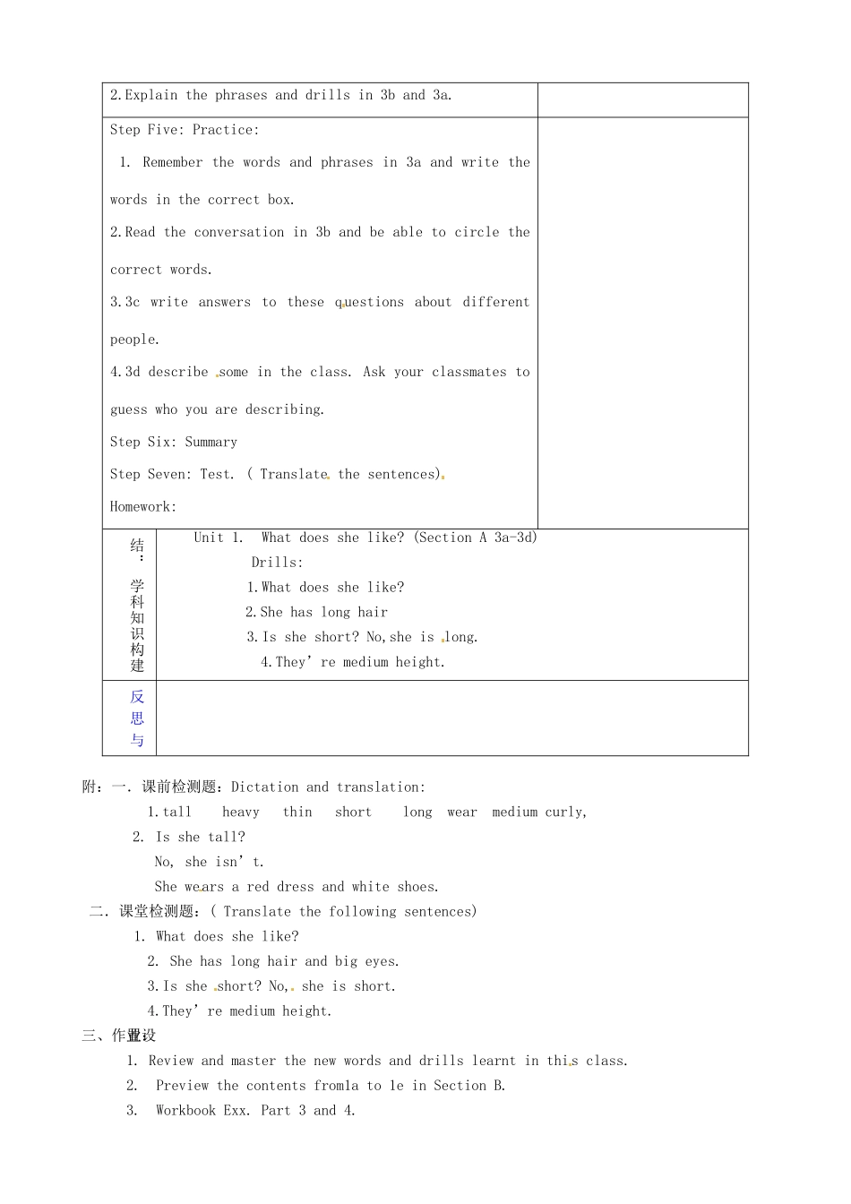 山东省淄博市临淄区第八中学七年级英语上册《Unit 1 What does he look like period 3》教案 鲁教版五四制_第2页