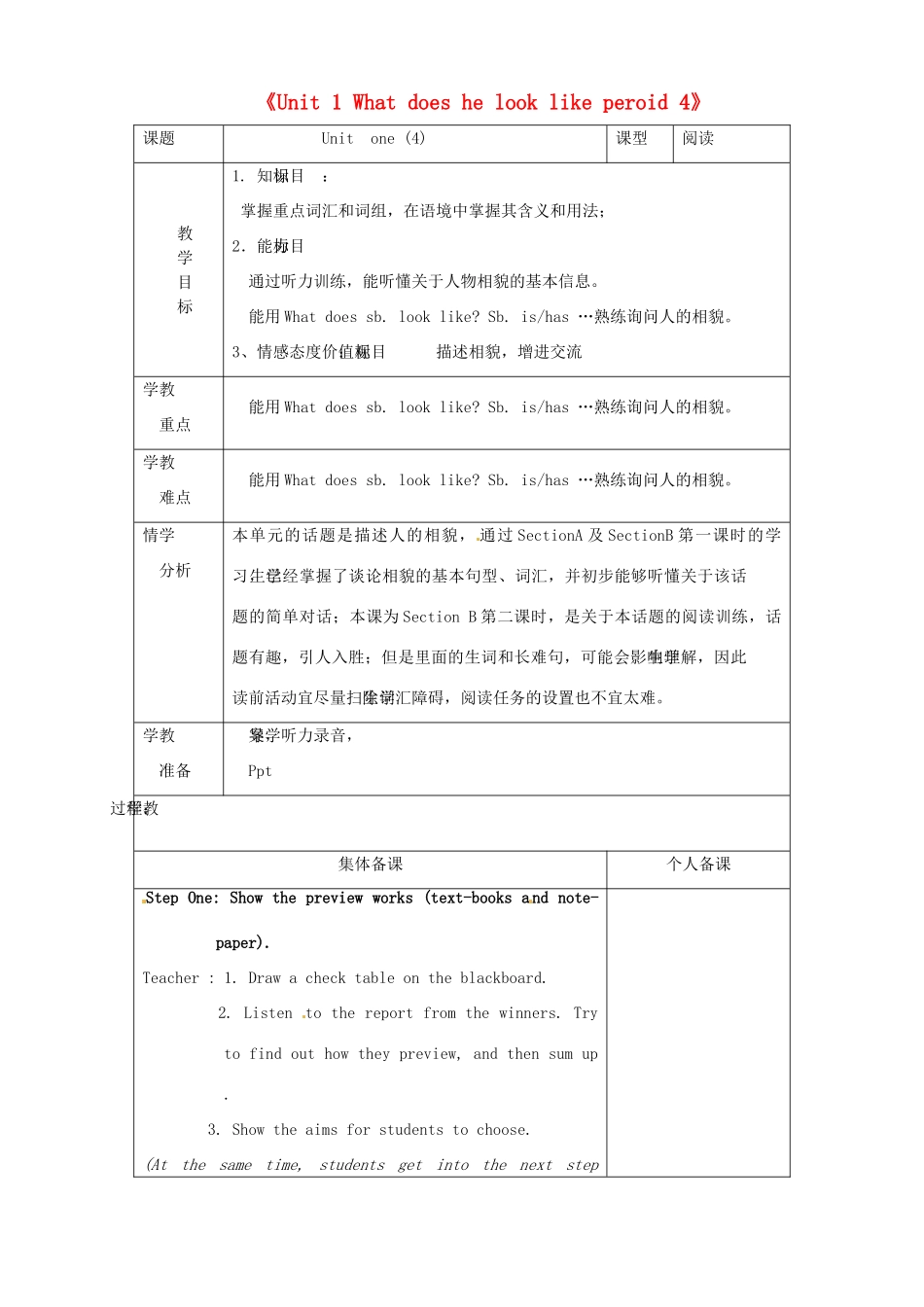 山东省淄博市临淄区第八中学七年级英语上册《Unit 1 What does he look like period 4》教案 鲁教版五四制_第1页