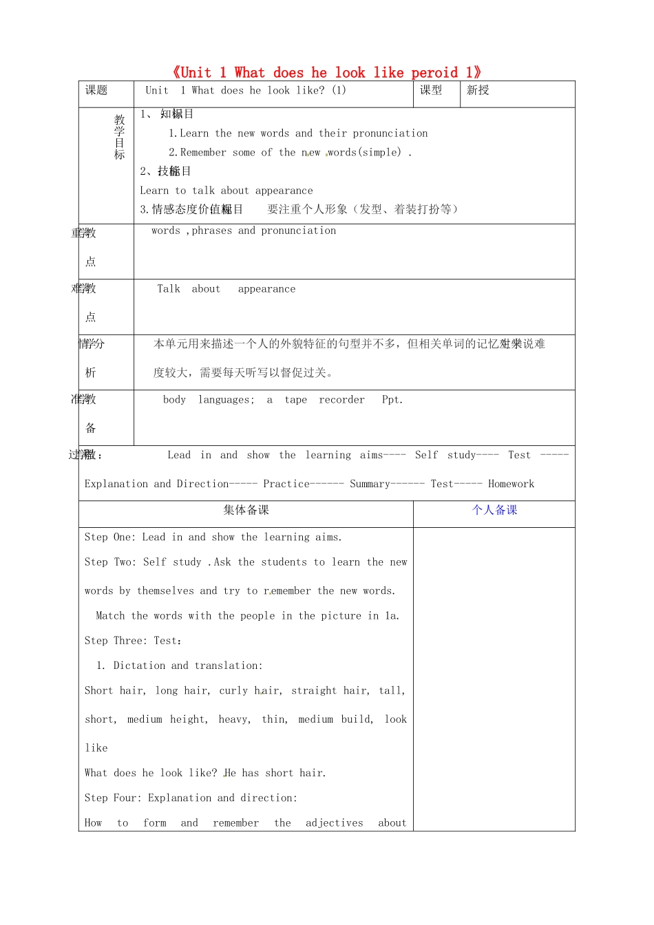 山东省淄博市临淄区第八中学七年级英语上册《Unit 1 What does he look like period 1》教案 鲁教版五四制_第1页