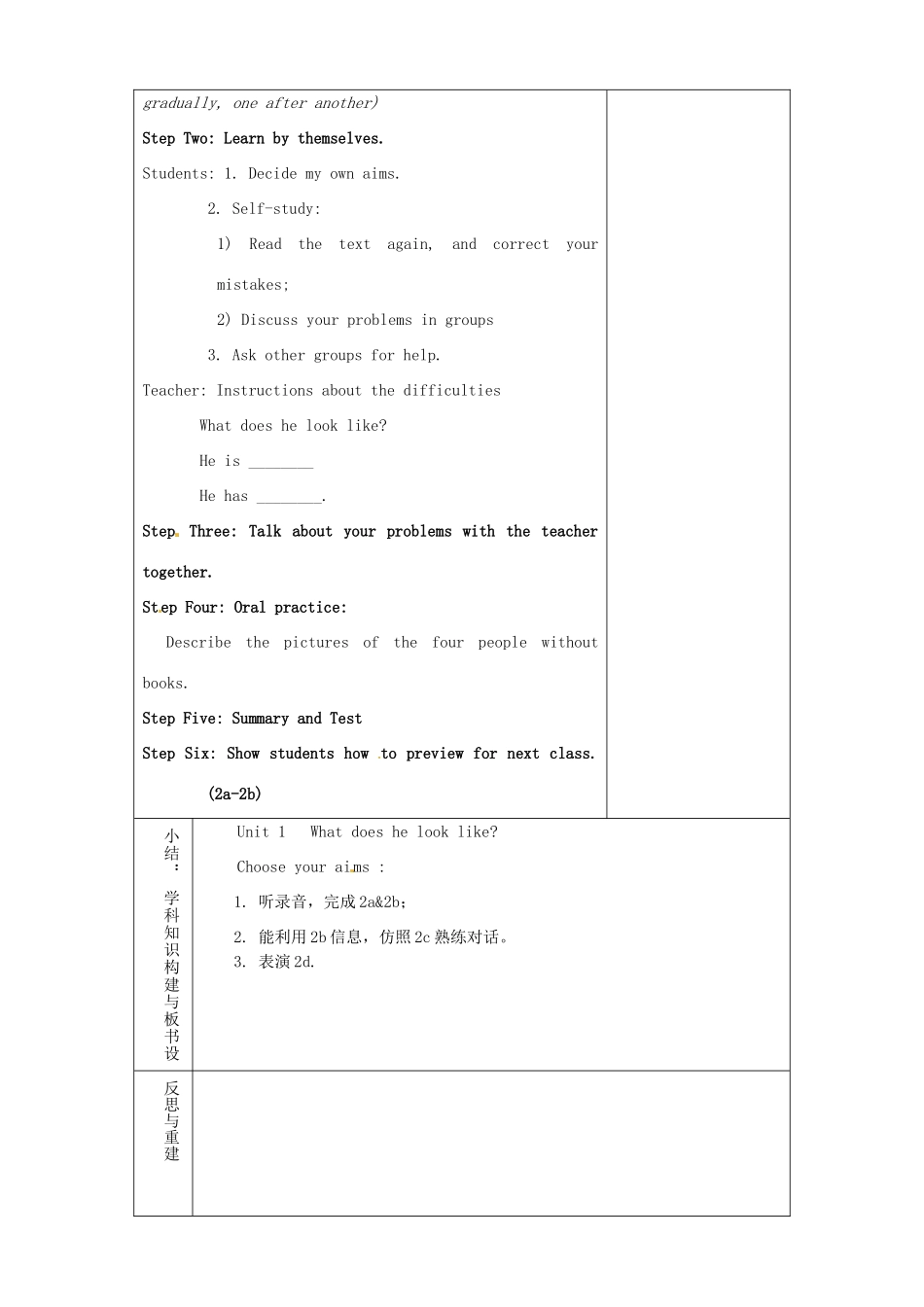山东省淄博市临淄区第八中学七年级英语上册《Unit 1 What does he look like period 2》教案 鲁教版五四制_第2页
