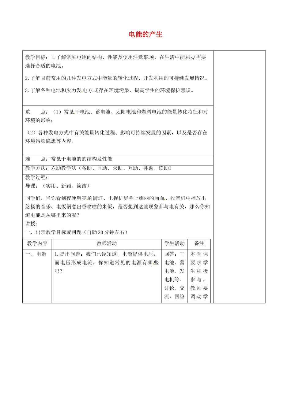 山东省济南市辛寨乡辛锐中学九年级物理全册 电能的产生六助教学法实施教案 沪科版_第1页