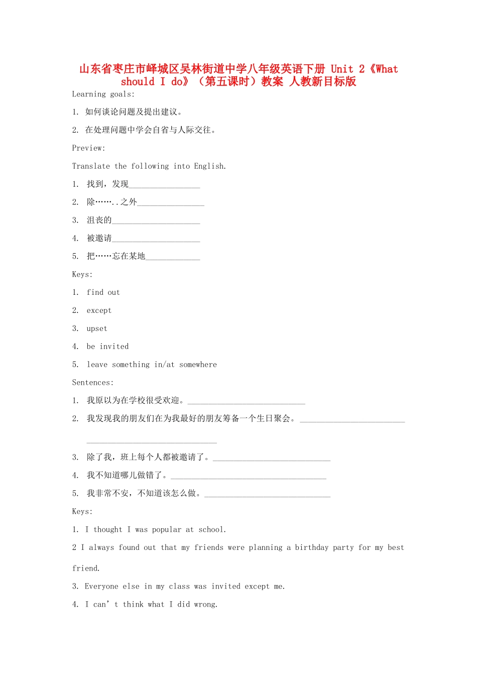 山东省枣庄市峄城区吴林街道中学八年级英语下册 Unit 2《What should I do》（第五课时）教案 人教新目标版_第1页