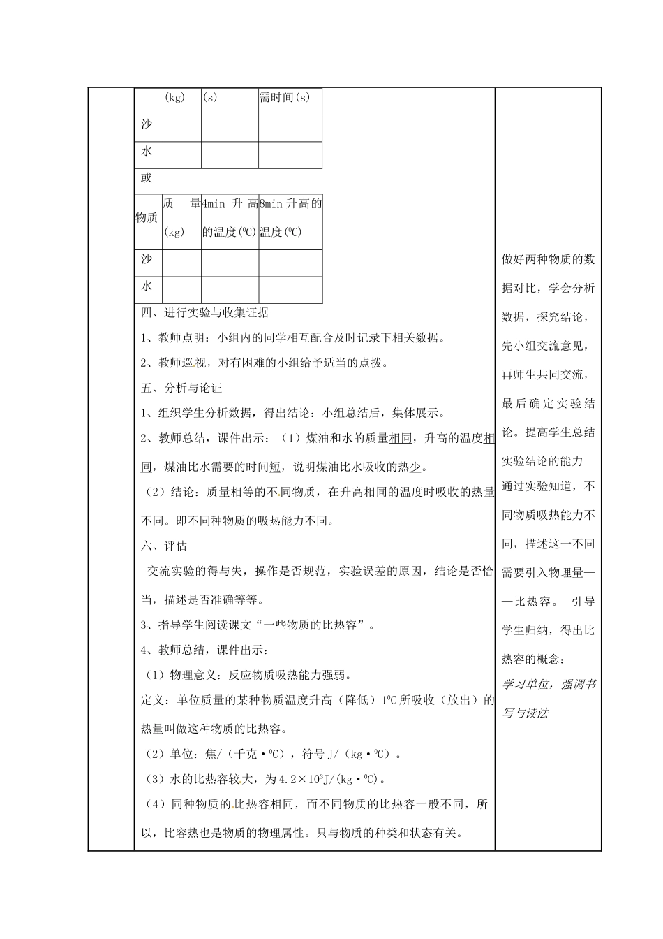 山东省枣庄市峄城区吴林街道中学九年级物理全册《第十六章 热和能 第3节 比热容》教案1 新人教版_第3页