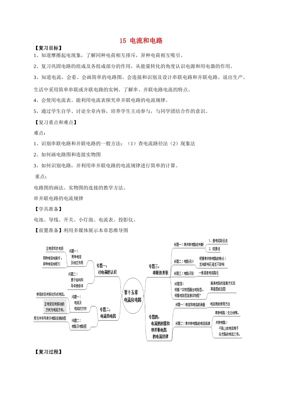 山东省枣庄市峄城区吴林街道中学九年级物理全册 15 电流和电路复习教案 （新版）新人教版_第1页