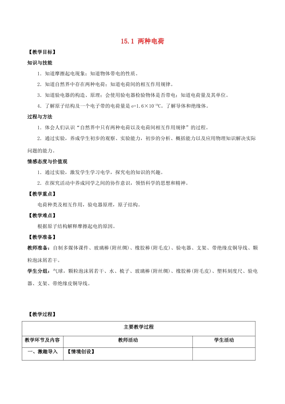 山东省枣庄市峄城区吴林街道中学九年级物理全册 15.1 两种电荷教案 （新版）新人教版_第1页