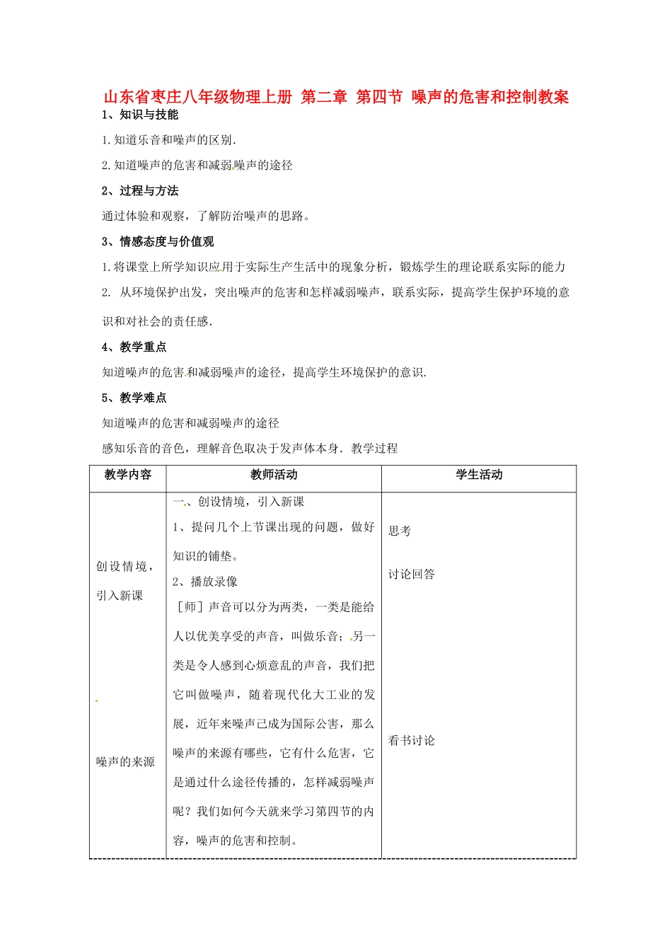 山东省枣庄八年级物理上册 第二章 第四节 噪声的危害和控制教案_第1页