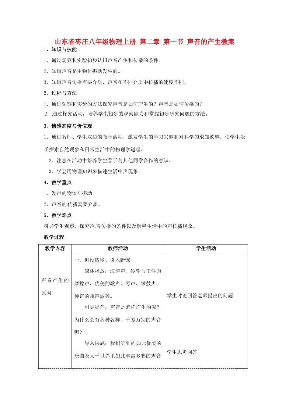 山东省枣庄八年级物理上册 第二章 第一节 声音的产生教案_第1页