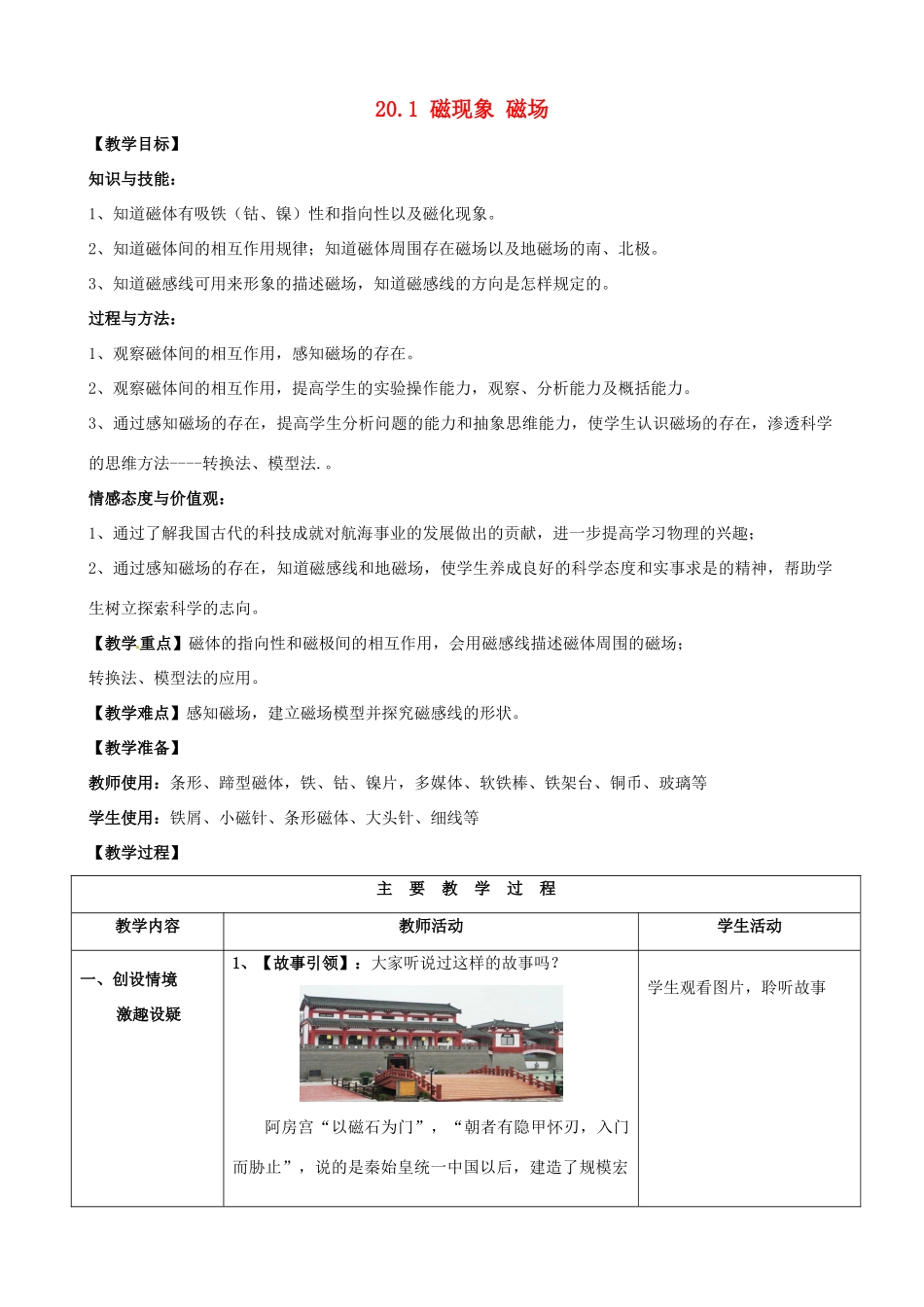 山东省枣庄市峄城区吴林街道中学九年级物理全册 20.1 磁现象 磁场教案 （新版）新人教版_第1页