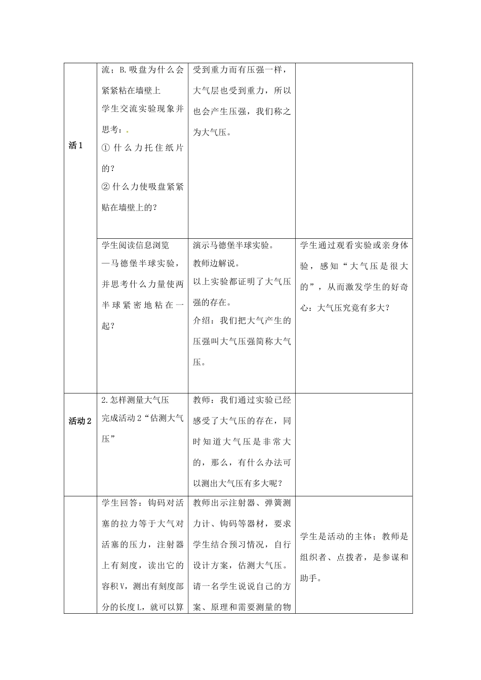 山东省惠东县白花镇第一中学八年级物理下册《8.3 大气压与人类生活》教学设计 粤教沪版_第3页