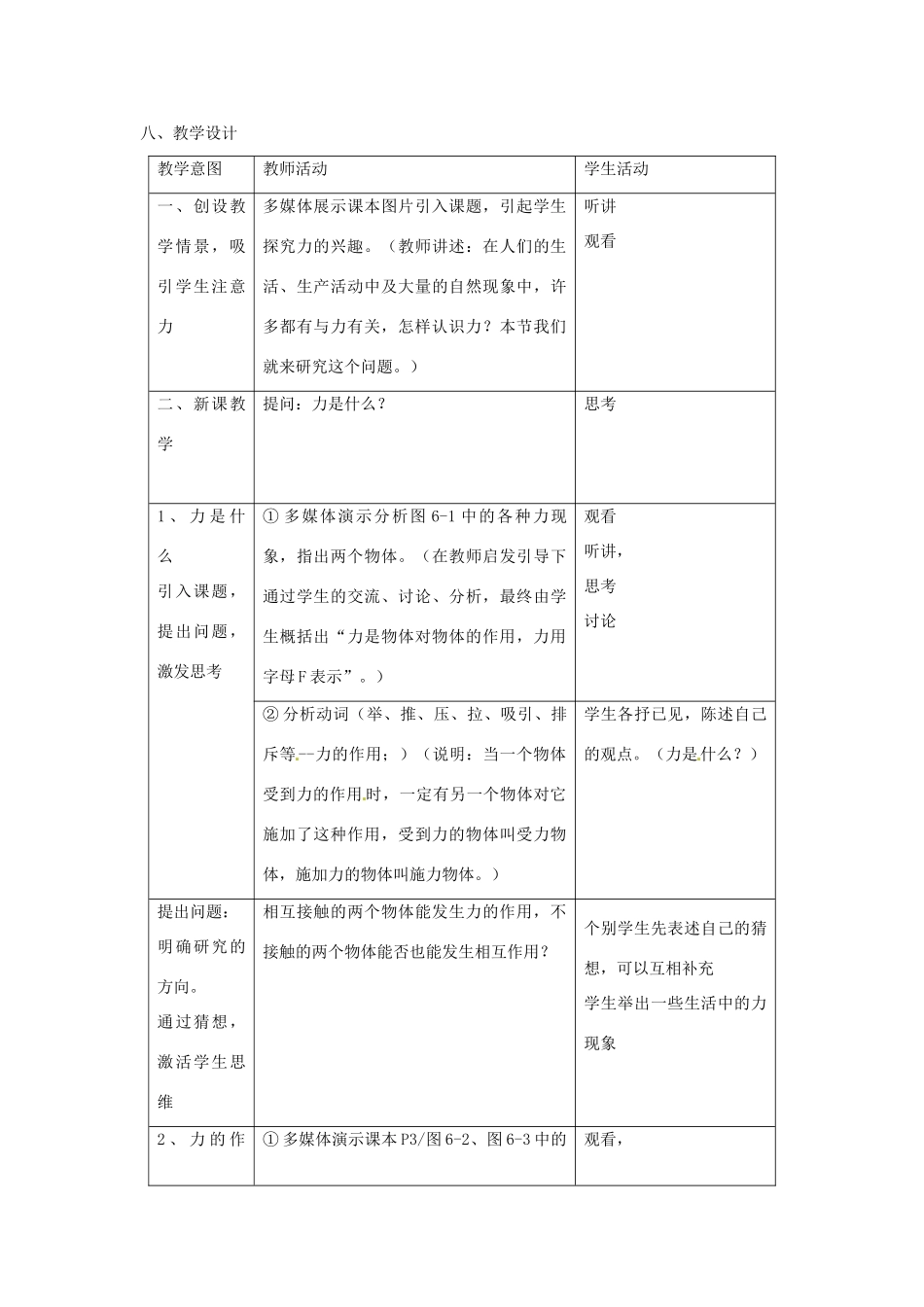 山东省惠东县白花镇第一中学八年级物理下册《6.1 怎样认识力》教学设计 粤教沪版_第2页