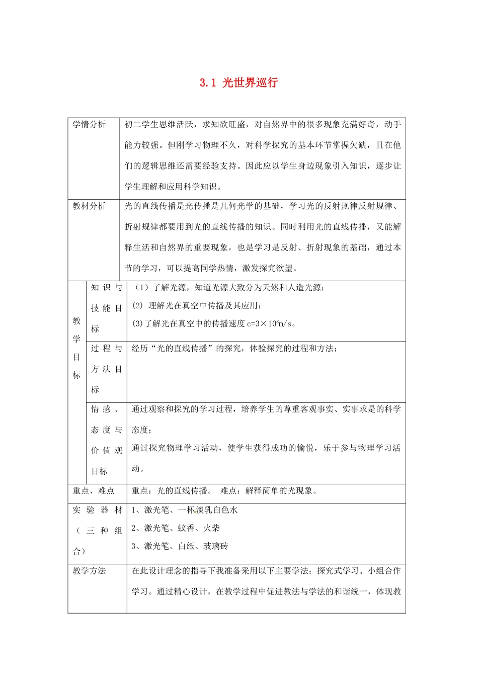 山东省惠东县白花镇第一中学八年级物理上册《3.1 光世界巡行》教学设计 粤教沪版_第1页