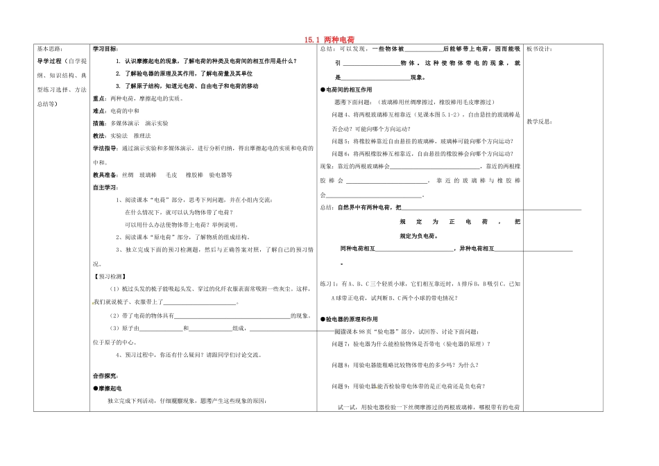 山东省德州市夏津实验中学九年级物理全册 15.1 两种电荷教案 （新版）新人教版_第1页