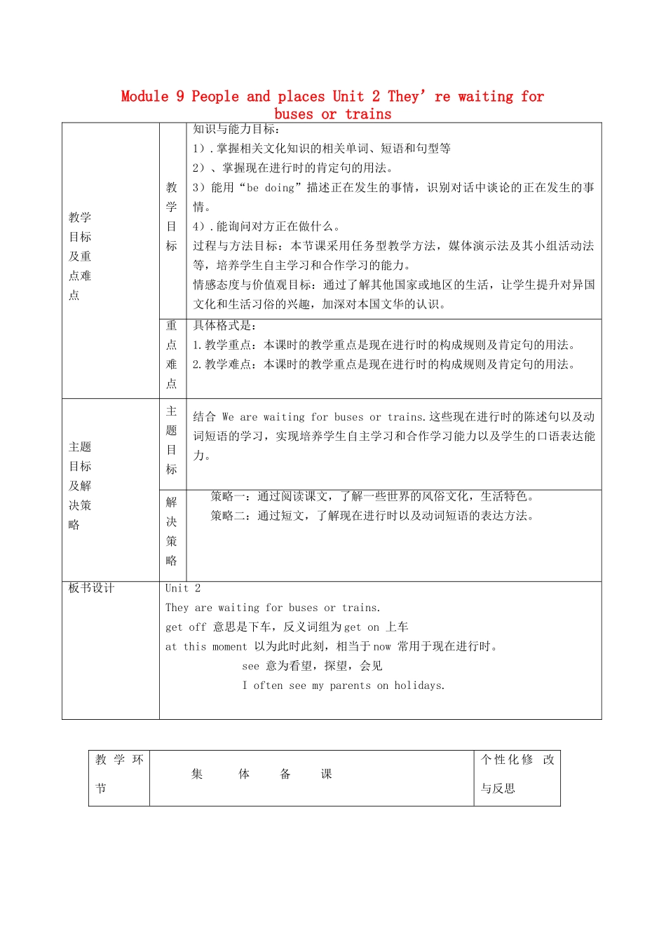 山东省安丘市东埠中学七年级英语上册 Module 9 People and places Unit 2 They’re waiting for buses or trains教案 （新版）外研版_第1页
