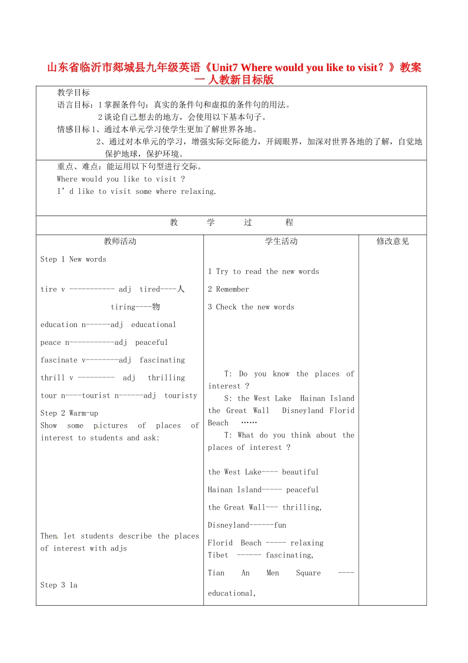 山东省临沂市郯城县九年级英语《Unit7 Where would you like to visit？》教案一 人教新目标版_第1页