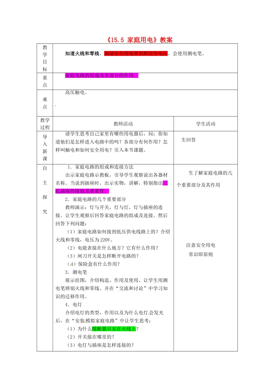 山东省临沂市费城镇初级中学九年级物理全册《15.5 家庭用电》教案 沪科版_第1页