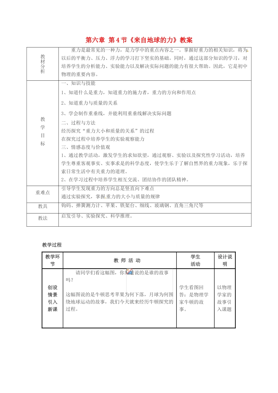 山东省临沂市费城镇初级中学八年级物理全册 第六章 第4节《来自地球的力》教案 沪科版_第1页