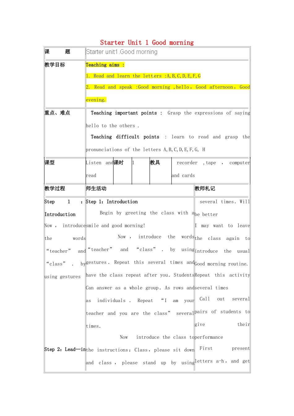 山东省临沂市费城镇初级中学七年级英语上册 Starter Unit 1 Good morning！教案 （新版）人教新目标版_第1页